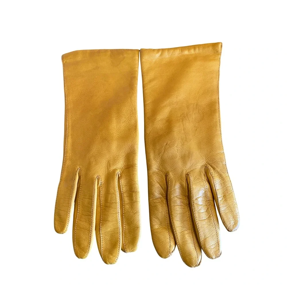 Vintage Mustard Yellow Leather Gloves Size 7 Knit Lined Mid Length Classic